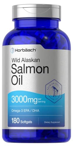 Imagen frontal de Aceite de pescado de salmón salvaje Alaskan, 3000 mg, 180 cápsulas de gel suave, sin gluten, sin OMG, alta potencia, excelente fuente de ácidos grasos Omega-3 EPA y DHA, de Horbaach