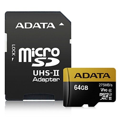 Imagen frontal de ADATA Premier One SDXC UHS-II U3 Class10 V90 3D NAND 4K 8K Ultra HD - Tarjeta Micro SD de 275 MB/s, con Adaptador, 64 GB