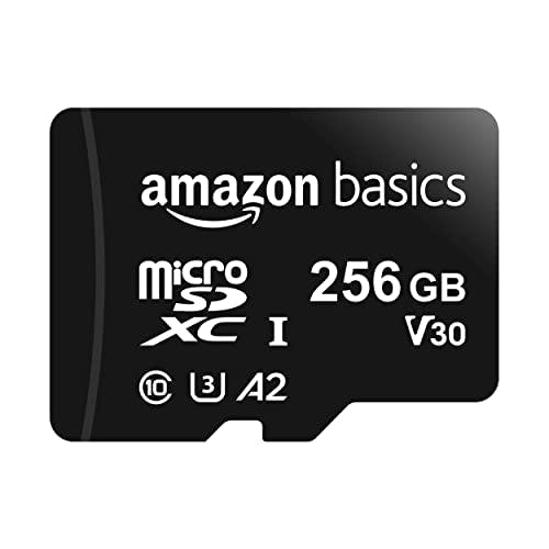 Imagen frontal de Amazon Basics - Tarjeta de memoria microSDXC con adaptador de tamaño completo, A2, U3, velocidad de lectura de hasta 100 MB/s, 256 GB