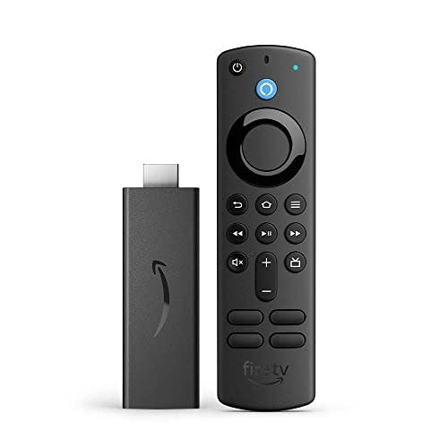 Imagen frontal de Amazon Fire TV Stick con control remoto por voz Alexa (incluye control de TV), Dispositivo de streaming HD, edición 2021
