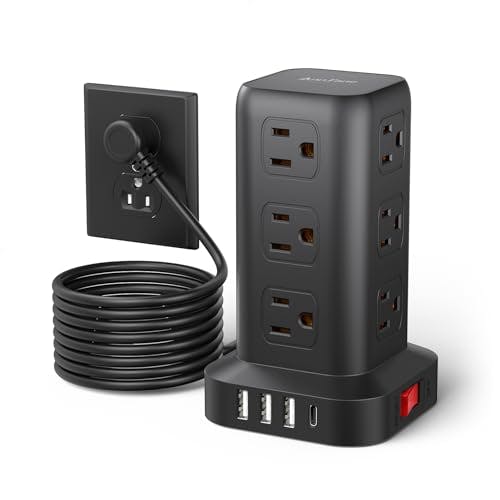 Imagen frontal de AnnTane - Tira de alimentación con protector de sobretensión, cable de 10 pies, torre de regleta de alimentación con 4 puertos USB (1USB C), cable de extensión con 12 tomas de corriente alterna, suministros de oficina en casa, accesorios de computadora, artículos esenciales para recámara