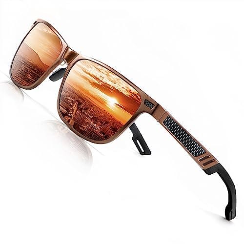 Imagen frontal de ANYLUV - anteojos de sol polarizadas para hombre, montura Al-Mg de alta calidad, cuadradas, protección UV para pesca, An04 Marco café Lente café, M