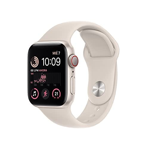 Imagen frontal de Apple Watch SE (2da Generación) (GPS + Cellular, 40mm) - Caja de Aluminio Blanco Estelar con Correa Deportiva Blanco Estelar, Estándar (Reacondicionado)