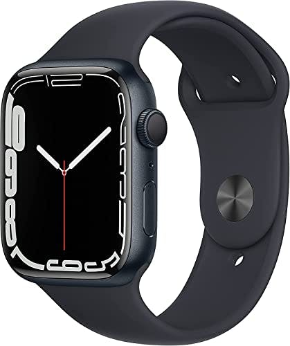 Imagen frontal de Apple Watch Series 7 (GPS, caja de aluminio medianoche de 45 mm) con correa deportiva medianoche, regular (renovado)