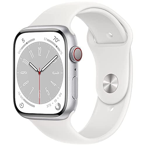 Imagen frontal de Apple Watch Series 8 (GPS + Cellular, 45MM) - Caja de Aluminio Plateada con Correa Deportiva Blanca - M/L (Reacondicionado)
