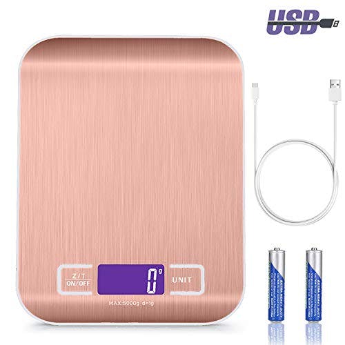 Compara precios Báscula de Cocina con Carga USB Recargables 5kg / 11 lbs Peso Cocina Digital Balanza Alimentos de Acero inoxidable con Pantalla LCD Función de Tara (rosa)