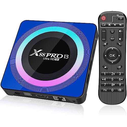 Imagen frontal de Caja de TV Android 13.0, X88 PRO 13 Android Box con 4 GB RAM 32 GB ROM RK3528 Quad-Core compatible con WiFi6 2.4 Ghz/5.0 Ghz 8K HD BT 5.0 H.265 Decodificación Smart TV Box