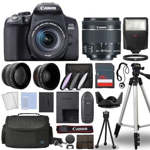 Imagen frontal de Canon EOS 850D Rebel T8i Cámara réflex digital de 18 a 55 mm, lente 3 lentes DSLR Kit con paquete completo de accesorios 128 GB, modelo internacional (reacondicionado)