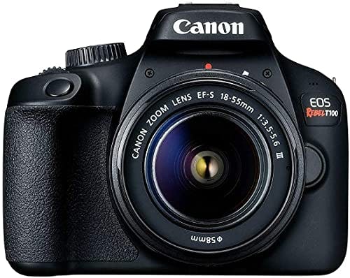 Imagen frontal de Canon EOS Rebel T100 con Lente EF-S 18-55mm III