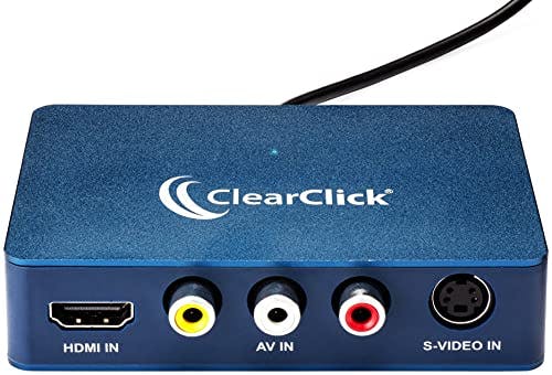 Imagen frontal de ClearClick Video a USB 1080P USB de captura de audio y video y dispositivo de transmisión en vivo - Entrada 4K HDMI, AV, RCA, S-Video (VCR, VHS, videocámara, Video8, Hi8, DVD, sistemas de juegos) - USB-C Plug & Play