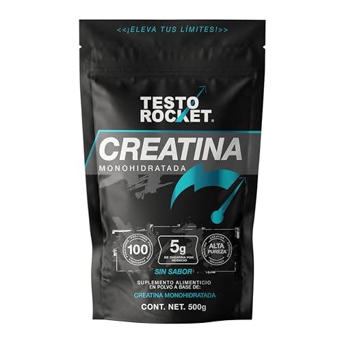 Imagen frontal de Creatina Monohidratada de Alta Pureza en Polvo | 100 Servicios 500g | Sin Sabor 5gr por Porción | Creatina Testo Rocket | Pre workout