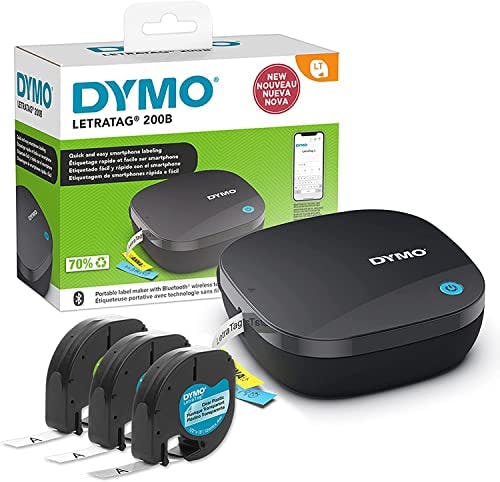 Imagen frontal de DYMO LetraTag 200B - Fabricante de etiquetas Bluetooth, impresora de etiquetas compacta, se conecta a través de tecnología inalámbrica Bluetooth a iOS y Android, incluye 3 cintas de etiquetas variadas