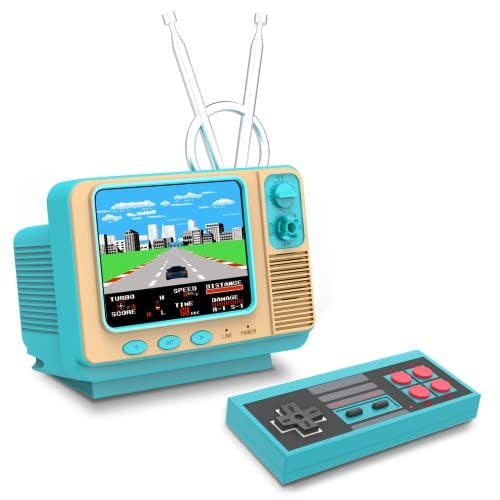 Imagen frontal de E-MODS GAMING Consola de juegos retro GV300S Mini TV Style 308 Reproductor de videojuegos con Gamepad de mano y salida AV, pantalla de 3.0 pulgadas, máquina de juegos electrónicos, regalo de Navidad para niños y adultos (turquesa)