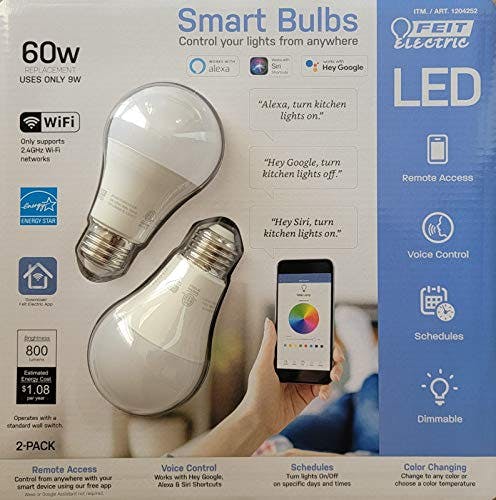 Imagen frontal de Feit Electric Bombillas LED Smart Wi-Fi que cambian de color regulables de 60 W (paquete de 2 unidades), color blanco