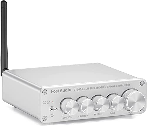 Imagen frontal de Fosi Audio BT30D Bluetooth 5.0 Amplificador Receptor de Audio Estéreo 2.1 Canal Mini Hi-Fi Clase D Amperio Integrado, 50 Watt x2+100 Watt para el Hogar Altavoces Pasivos de Exterior/Subwoofer