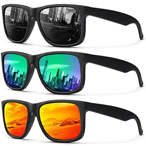 Imagen frontal de Gafas de sol polarizadas, retro para hombres y mujeres con protección UV para exteriores, pesca, golf, conducción, 3 paquetes, C8 Gris/Verde/Naranja (paquete de 3), M