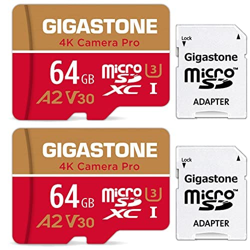 Imagen frontal de Gigastone 64GB Tarjeta de Memoria MicroSDXC, Paquete de 2, 4K Camera Pro para GoPro, Cámara de Acción, Wyze, dji, Drone, Nintendo-Switch, Máx. 95/35MB/s Lec/Esc, UHS -I U3 A2 V30