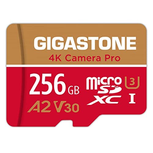 Imagen frontal de Gigastone [Recuperación de Datos Gratis de 5 años] 256 GB Tarjetas Micro SD, Camera Pro MAX, hasta 130/85 MB/s, MicroSDXC para Gopro, dji, Dron, Insta360, 4K Video, A2 V30 U3 C10 con Adaptador.