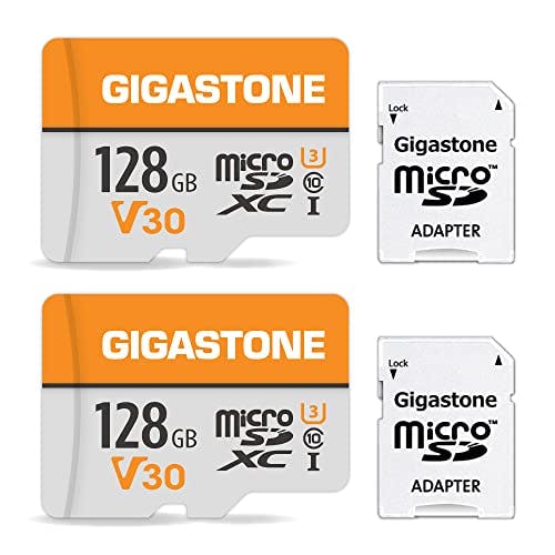 Imagen frontal de Gigastone Tarjeta de Memoria Micro SD 128GB, Paquete de 2, Vídeo 4K UHD, Cámara de Seguridad, Cámara de Acción, Drone, Velocidad 95MB/s, U3 UHS-I A1 Clase 10, Tarjeta MicroSDXC con Adaptador