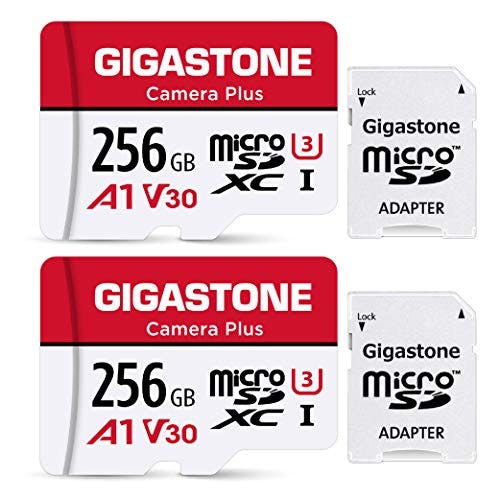 Imagen frontal de Gigastone Tarjeta Micro SD de 256 GB, 2 unidades, cámara Plus, grabación de video 4K UHD y cámara de acción 4K Ultra HD