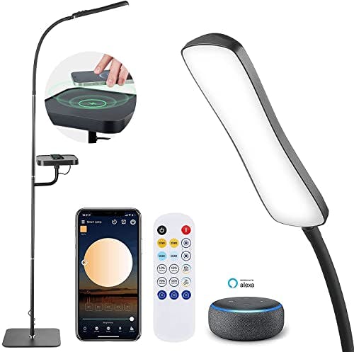 Imagen frontal de GMK Lámpara de pie LED inteligente con cargador inalámbrico, lámpara de lectura moderna regulable con 4 temperaturas de color, cuello de cisne ajustable, compatible con Alexa y Google Home