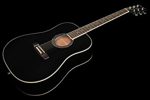 Imagen frontal de Guitarra Acustica Negra, Harley Benton D-120 BK, mastil de caoba, Cuerdas de acero, mástil en forma de C, en negro de alto brillo