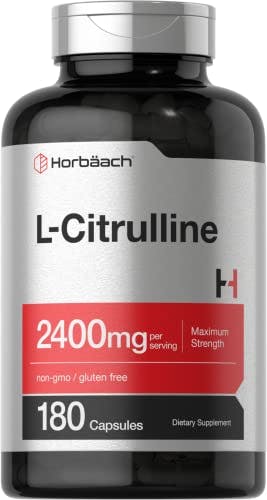 Imagen frontal de Horbaach L Citrulina 2400 mg por porción | 180 cápsulas | Máxima fuerza, forma libre de aminoácidos | sin OMG, suplemento L-citrulina sin gluten | por Horbaach