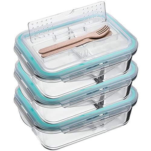 Compara precios Juego de 3 Contenedores de Vidrio para Preparación de Comidas con divisiones, organización y almacenamiento de cocina, contenedor transparente con tapas, resistente a frio o calor.