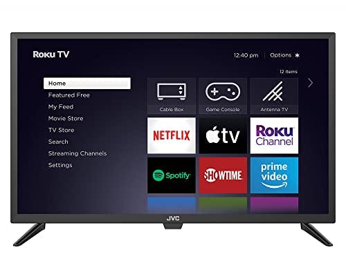 Imagen frontal de JVC - TV inteligente Roku LED HD de 32 pulgadas 720p con aplicación de control de voz, Airplay, fundición de visualización y más de 300 canales de transmisión gratuitos (LT32MAW2)