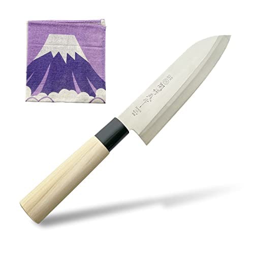 Imagen frontal de KAKUSEE Seki Tsubazo Santoku - Juego de cuchillos de 6.7 pulgadas y tela de pintura japonesa, cuchillo de chef japonés para peces y reuniones, hoja de acero inoxidable y mango de madera auténtica