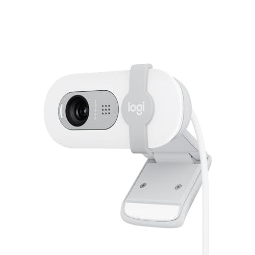 Imagen frontal de Logitech Brio 100, cámara web Full HD para reuniones y streaming, equilibrio de iluminación automático, micrófono integrado, tapa de privacidad, USB-A, para Microsoft Teams, Google Meet, Zoom - Blanca