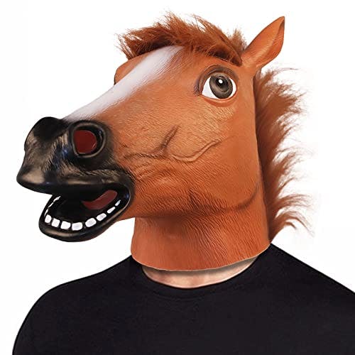 Imagen frontal de Máscara de caballo, máscara espeluznante de cabeza de caballo café, máscara de látex de goma, novedosa máscara de jinete para adultos unisex