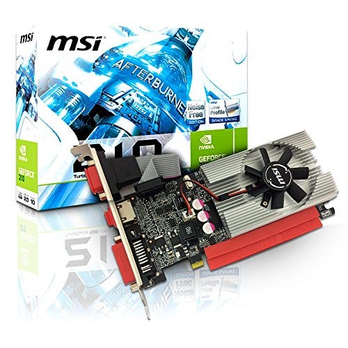 Imagen frontal de MSI N210-MD1G/D3 Tarjeta De Video 210 GEFORCE NVIDIA - 589 MHz Core - 1 GB GDDR3 SDRAM - PCI Express 2.0 x16 1000 MHz Memory Clock - 2560 x 1600 - DirectX 10.1, Se Puede usar Bajo perfil (LOW PROFILE) Cumple Norma Para Equipos SFF HDMI - DVI – VGA