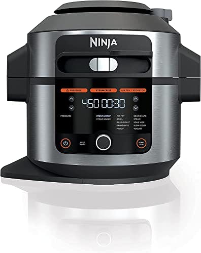 Imagen frontal de Ninja OL501 Foodi - Freidora de vapor 14 en 1 con tapa inteligente, con capacidad de 2 capas, 4.6 cuartos de galón, plato crujiente, plata/negro (Reacondicionado)