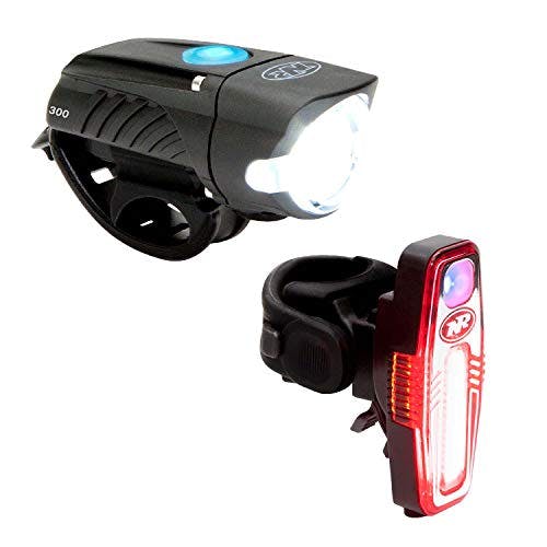 Imagen frontal de NiteRider Swift 300 luces delanteras para bicicleta Sable 110 luces traseras para bicicleta, paquete combinado – Luz frontal LED recargable por USB, fácil de instalar, resistente al agua, caminos, ciclismo, linterna de seguridad