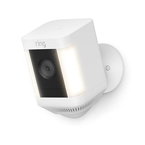 Imagen frontal de Nueva Ring Spotlight Cam Plus con batería | Comunicación bidireccional, Visión nocturna a color y Sirena de seguridad - Blanco