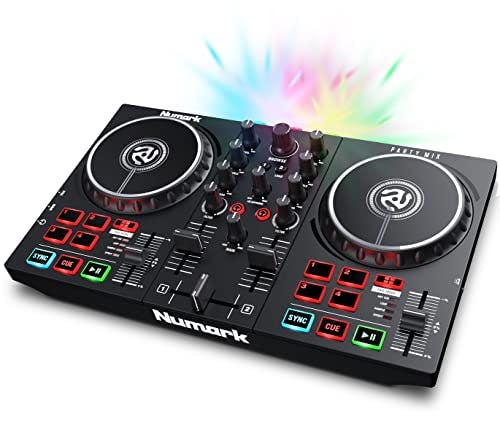 Imagen frontal de Numark Party Mix II - Controlador DJ con 2 decks y luces integradas, interfaz de audio, mezcladora DJ para Serato DJ Lite y Algoriddim djay Pro AI