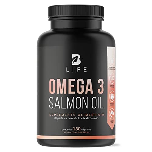 Imagen frontal de Omega 3 de Salmón 180 Cápsulas de 1000 mg. Ingredientes naturales: Alta Concentración de Aceite puro de Salmón (EPA - DHA). Omega 3 Salmon Oil B Life.