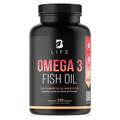 Imagen frontal de Omega 3 Fish Oil de 220 Cápsulas de 1000 mg. Ingredientes naturales: 100% Aceite de Pescado (EPA y DHA). Omega 3 Fish Oil B Life
