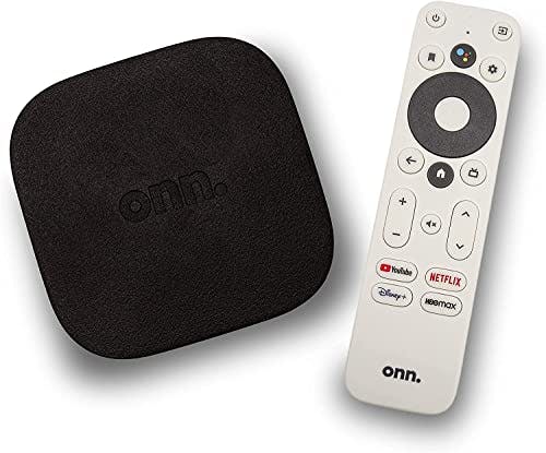 Imagen frontal de ONN TV Box Dispositivo de Streaming Android TV Resolucion 4K 2160p Ultra HD Control Remoto por Voz Asistente Google Chromecast Integrado TV Stick 8GB Cable HDMI de Alta Velocidad Incluido 100026240