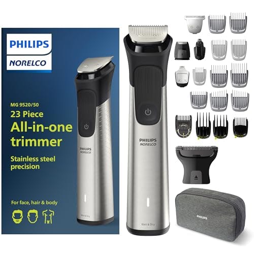Imagen frontal de Philips Norelco Multi Groomer 23 Piece Men's Grooming Kit, Trimmer for Beard, Head, Face, Body, and Groin - Stainless Steel Precision, No Blade Oil Needed, MG9520/50