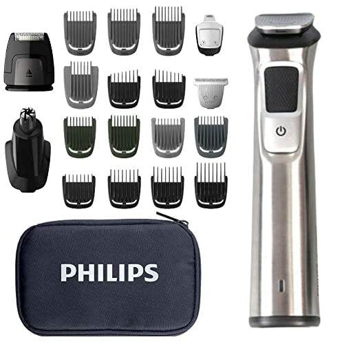 Imagen frontal de Philips Norelco Multigroom - Kit de aseo de barba para hombre con recortadora para cabeza, cuerpo, cara, acero inoxidable con estuche de viaje