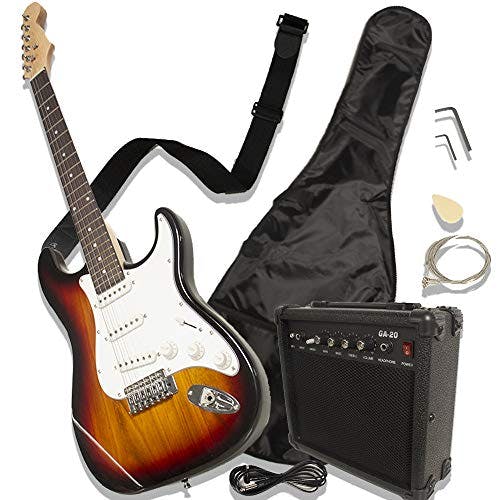 Imagen frontal de Pro System Audiotek Guitarra eléctrica Tipo Stratocaster con amplificador y Accesorios (Café)