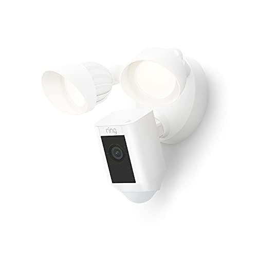 Imagen frontal de Ring Floodlight Cam Wired Plus con video de alta definición de 1080p activado por movimiento - Blanca