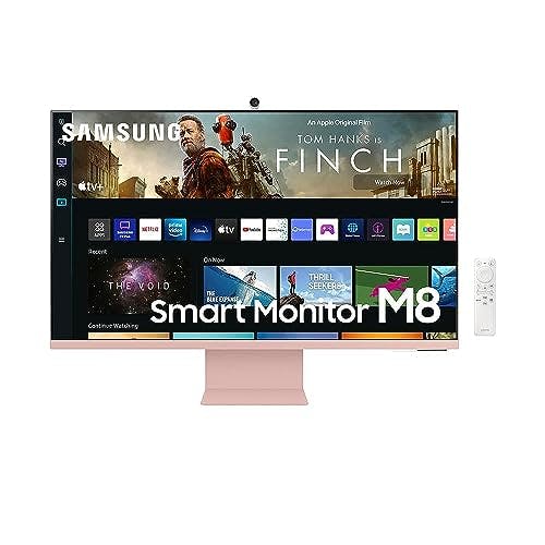 Imagen frontal de SAMSUNG M8 Series 32-Inch 4K UHD Smart Monitor & Streaming TV with Slim-fit Webcam for PC-Less Experience, Netflix, HBO, Prime VOD, & More, Apple Airplay, WiFi, BT, Built-in Speakers, 2022, Pink