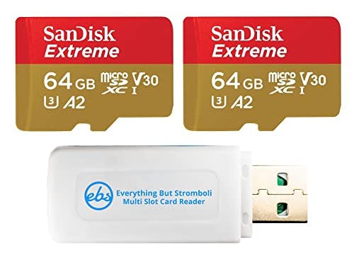 Imagen frontal de SanDisk Extreme 64 GB (2 unidades) Tarjeta de memoria MicroSD para DJI Mavic Mini 2, Mavic Mini, Mavic Air 2 Drone - C10 (SDSQXAH-064G-GN6MN) paquete con (1) Everything But But Stromboli Micro SDXC y lector de tarjetas SD