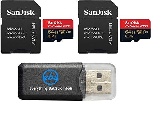 Imagen frontal de SanDisk Tarjeta de memoria Micro SDXC de 64 GB Extreme Pro (paquete de 2) funciona con cámara de acción GoPro Hero 9 negra (SDSQXCU-064G-GN6MA) U3 V30 4K Clase 10 paquete con 1 lector de tarjetas MicroSD Everything But Stromboli