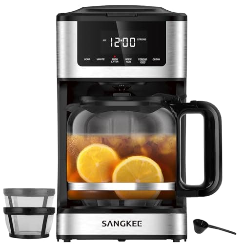 Imagen frontal de SANGKEE Cafetera de Goteo Programable con Filtro Reusable, Cafetera de 12 Tazas 3 Modos de Preparación, Cafetera Compacta con Jarra de Vidrio de 1.8L, 4H Mantenimiendo el Calor, 24H Timer (DPS2)