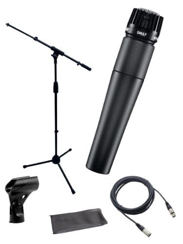 Imagen frontal de Shure SM57-LC Instrument/Vocal Cardioid Dynamic Microphone Bundle with Mic Boom Stand, XLR Cable, Mic Clip, and Bag
