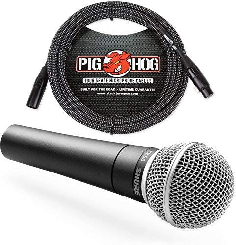 Imagen frontal de Shure SM58 Cardioid Vocal Microphone & Pig Hog Mic Cable, 20ft XLR - Bundle (Black)